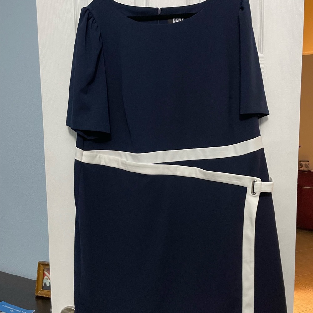 DKNY Asymmetrical Navy Dress with White Trim